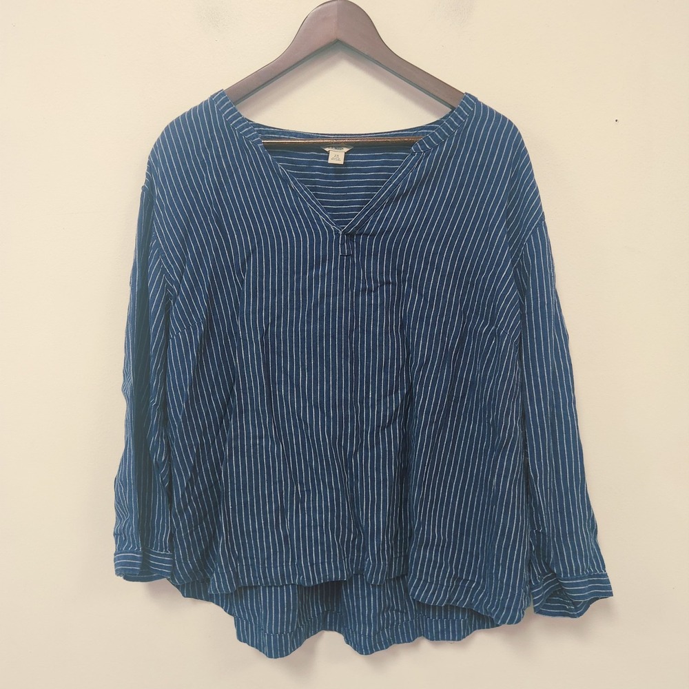 LL Bean Womens Linen Top Size 2X Blue Long Sleeve Popover New England Coastal